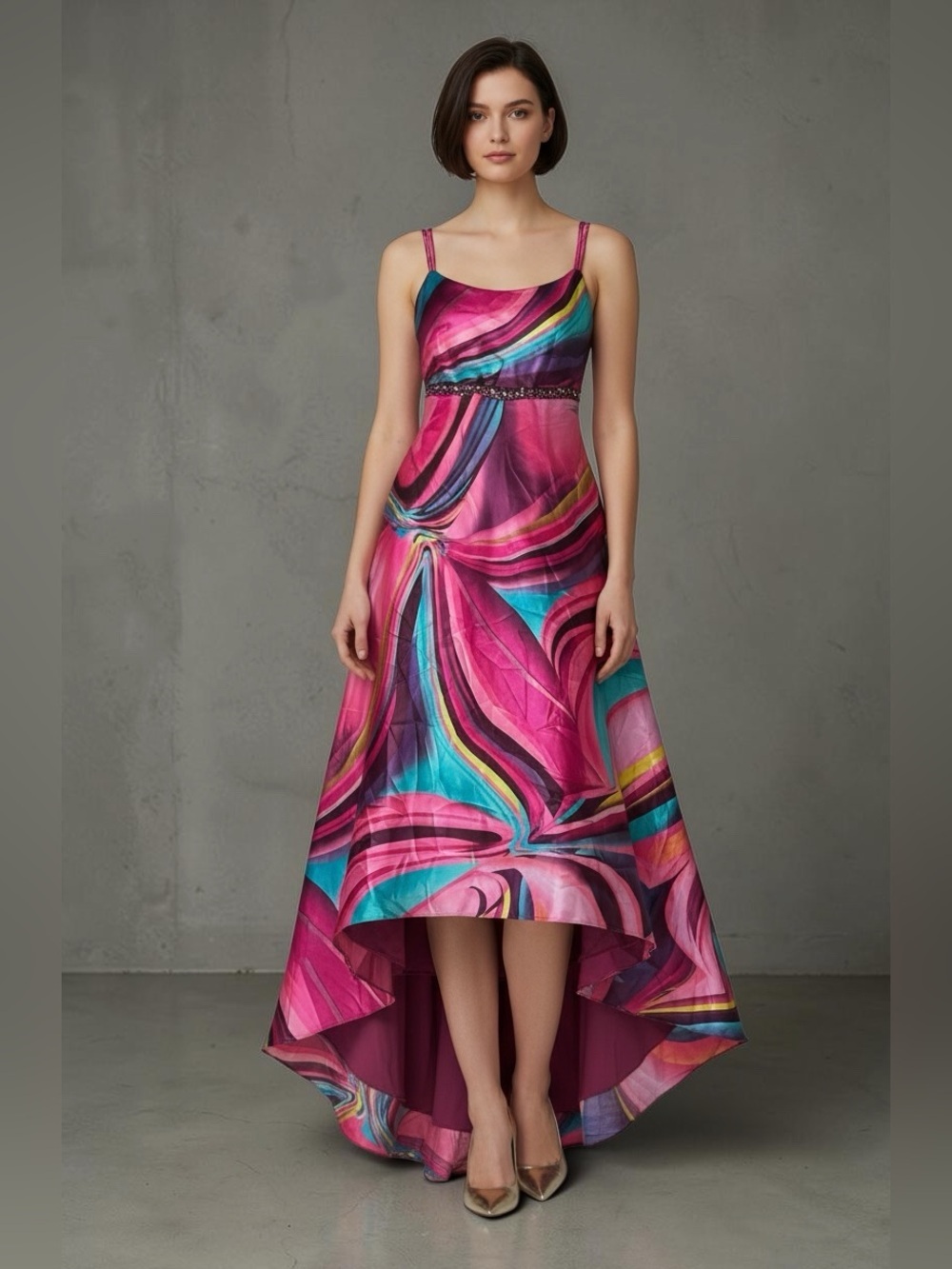 Sean Couture Pink Abstract Beaded Waist High-Low Formal Dress XS